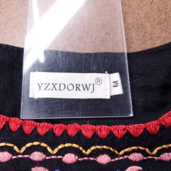 YZXDORWJ Top Women M Black Floral Embroidered Round Neck Boho Coquette Peasant - Picture 5 of 8